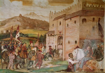 Empfang von König Christian I. von Dänemark durch den Condottiere Bartolomeo Colleoni auf der Burg von Malpaga im Jahr 1474, 1520-30
